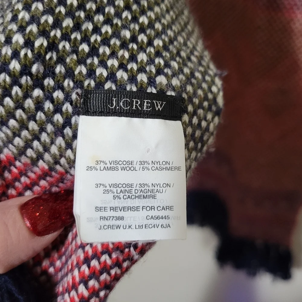 ​J. Crew Fair Isle Scarf Navy Blue Red Geometric Knit Winter Wool Blend Nordic